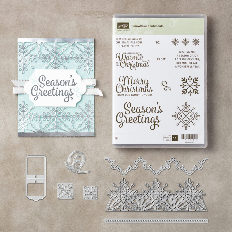 Stampin' Up! Snowflake Sentiments stamp set, Swirly Snowflakes Thinlits. Stampin' Studio