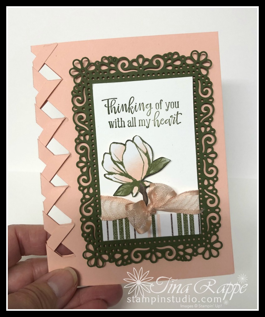 Stampin' Up! Braided card Technique.Magnolia Lane DSP, Peaceful Moments stamp set, Stampin' Studio